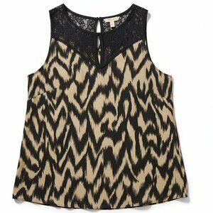 ASTR Animal Print Lace Yoke Tank Top Sleeveless Blouse Black Tan Size M